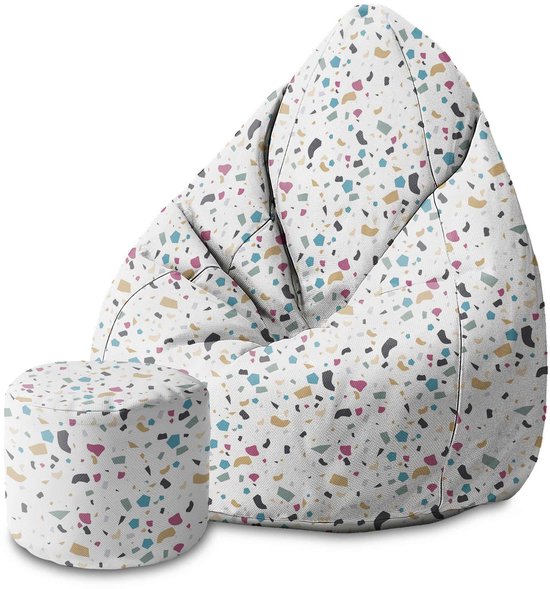 DreamRoots Velvet Zitzak voor Volwassenen – Luxe Beanbag met Voetsteun en Afneembare Hoes – Inclusief Vulling – 70x70x105cm - Multicolor Terrazzo