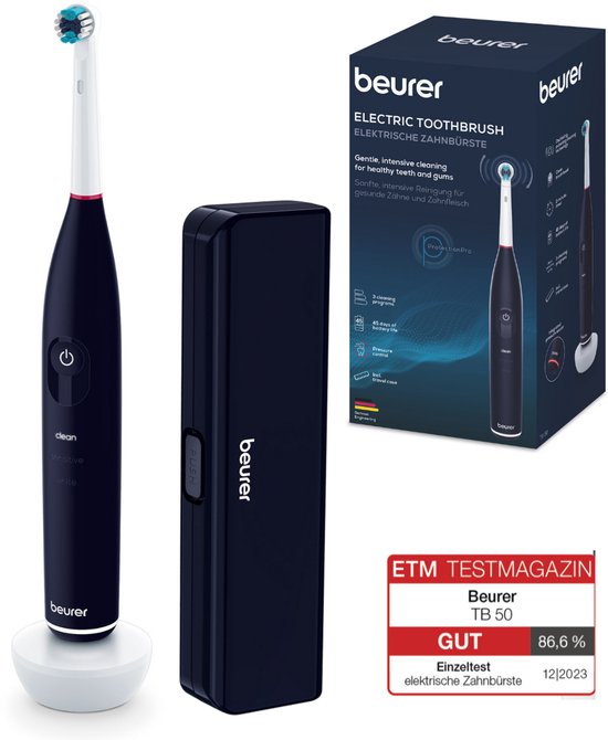 Beurer TB 50 Elektrische tandenborstel - 3 Individuele programma's: Clean, Sensitive & White - Batterijduur tot 45 dagen - Incl. opbergbox, lader, adapter & borstelkop - Timer - Goed getest - 3 Jaar garantie