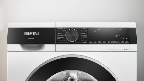 Bedieningspaneel van Siemens iQ500 wasmachine met draaiknop, display en programma's.
