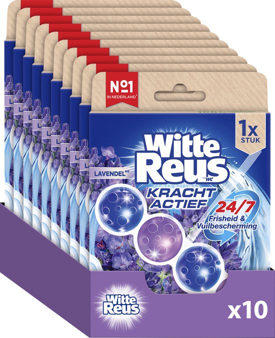 Doos met 10 Witte Reus Kracht Actief Lavendel WC-blokjes, elk met blauwe en paarse bolletjes en lavendeldecoratie.