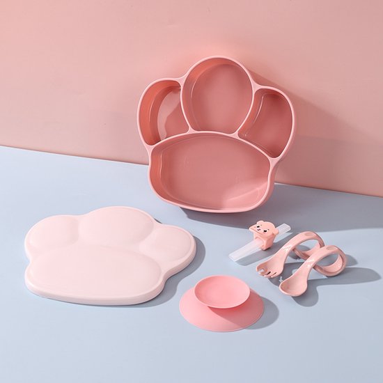 Babybord Kinderserviesset Met Zuignap Kinderbord Kom Slabbetje Lepel Vork 6 Delig Siliconen Babyservies Antislip Wasbaar Babyserviesset Bpa Vrij Roze Konijn