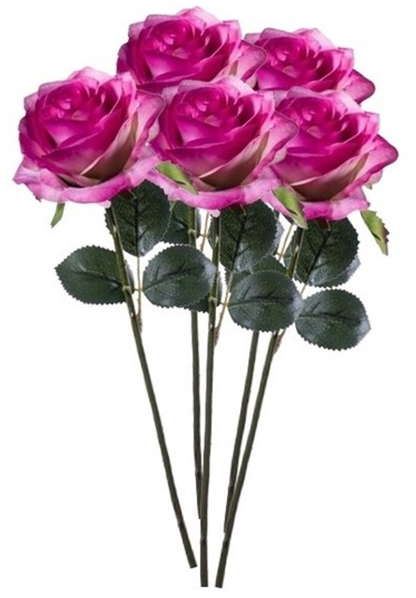 Bellatio Flowers & Plants Emerald Kunstbloemen roos - 5x - rozen - Simone - fuchsia - 45 cm - decoratie bloemen Paars