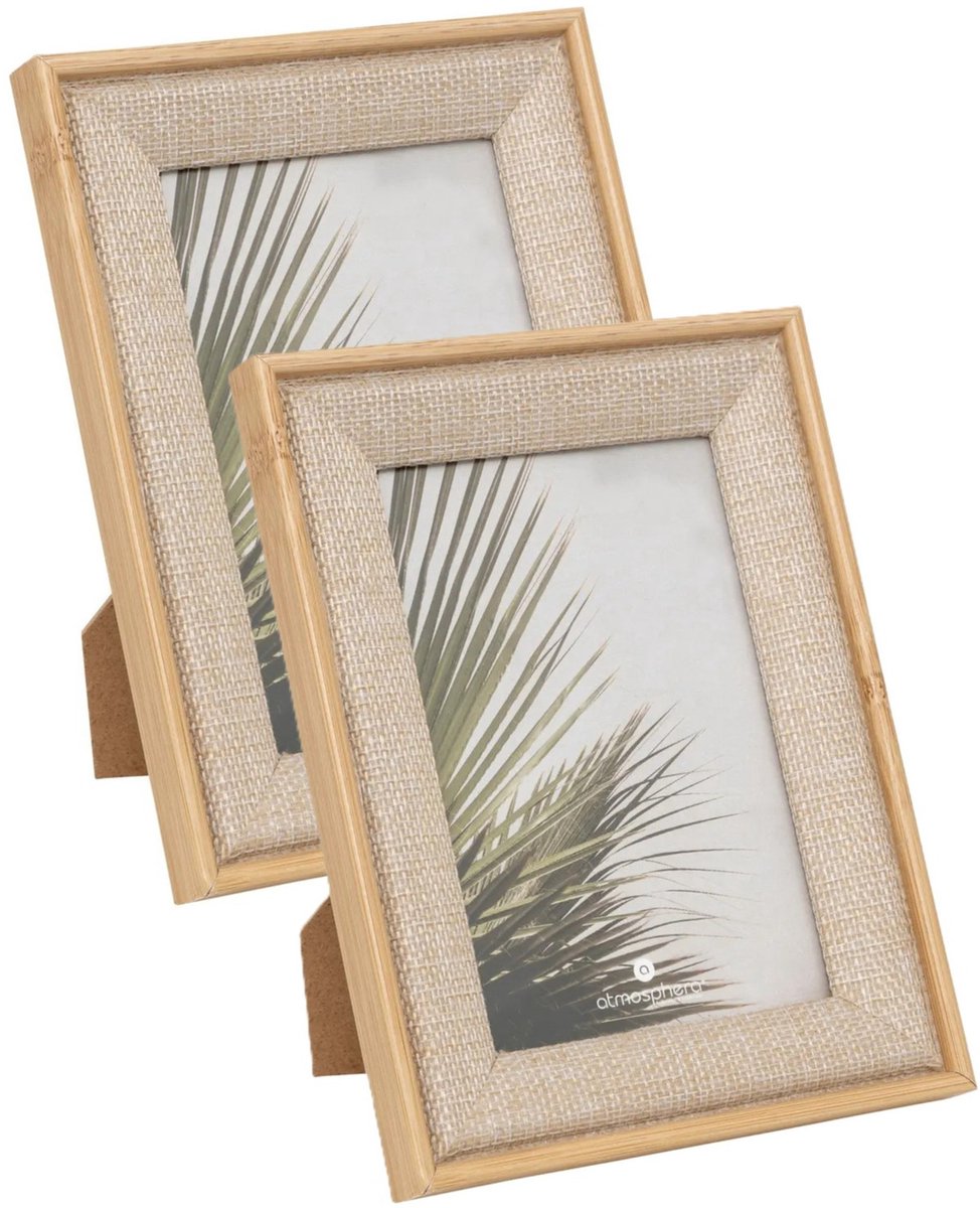 Atmosphera Fotolijstje Java - 2x - voor 10 x 15 cm foto - beige - mdf/glas - ornament frame linnen - 14.5 x 19.5 cm - staand/hangend