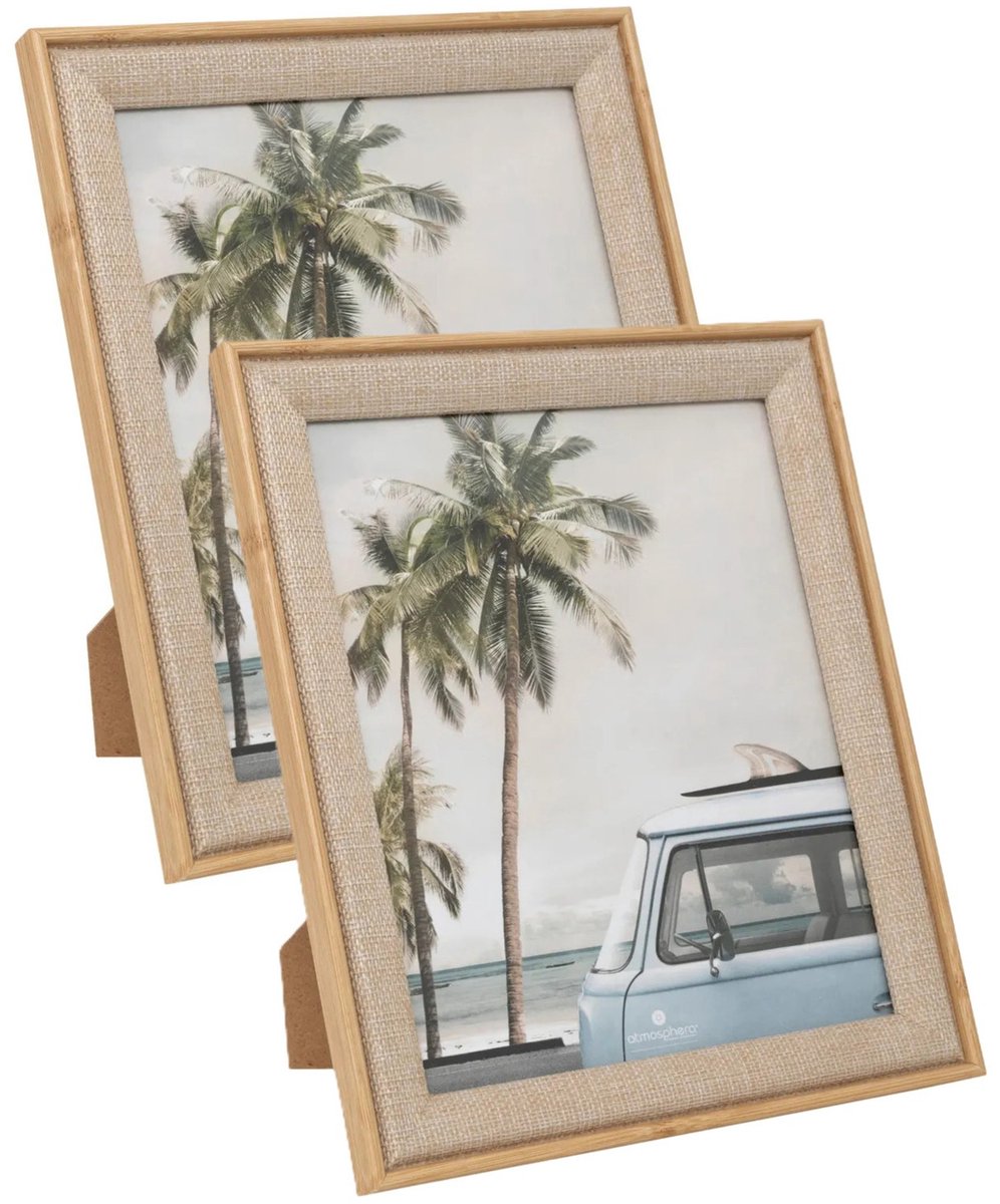 Atmosphera Fotolijstje Java - 2x - voor 20 x 25 cm foto - beige - mdf/glas - ornament frame linnen - 24.5 x 29.5 cm - staand/hangend