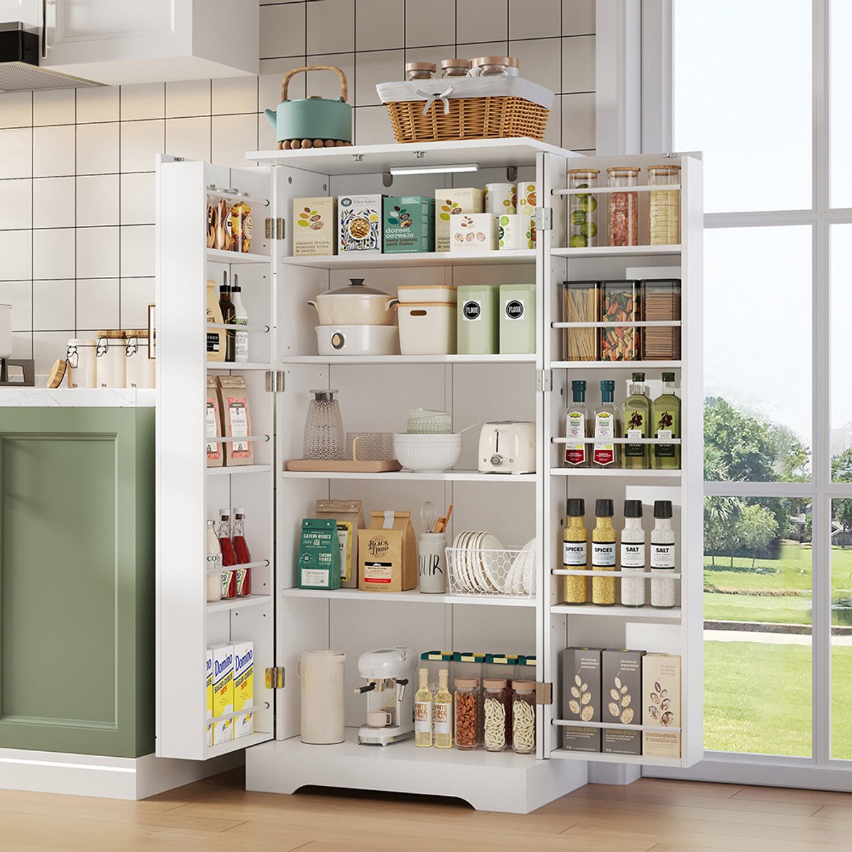 BLACKCOLORS 60 × 35 × 128 cm, wit, multifunctionele keukenkast met LED-verlichting met sensor, in hoogte verstelbare planken, dubbele deur met opbergvak, kantelbeveiliging, geschikt voor keuken, woonkamer en eetkamer.