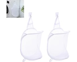 2-stuks Hangende wasmand - Opvouwbare wasmand van gaas - Opbergtas voor aan de muur - Met haak - Gemakkelijk te gebruiken - Ruimtebesparend - Geschikt voor het opbergen van vuile was thuis, kampeertrips, hotels - Wit