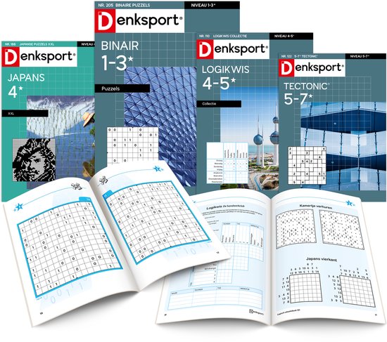Livres de puzzles Denksport ouverts avec puzzles japonais, logiques, binaires et tectoniques. Les livres sont ouverts et montrent des puzzles.