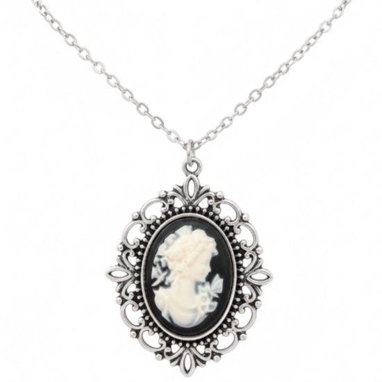 Collier argenté pour femme - collier avec pendentif - pendentif ovale avec portrait camée