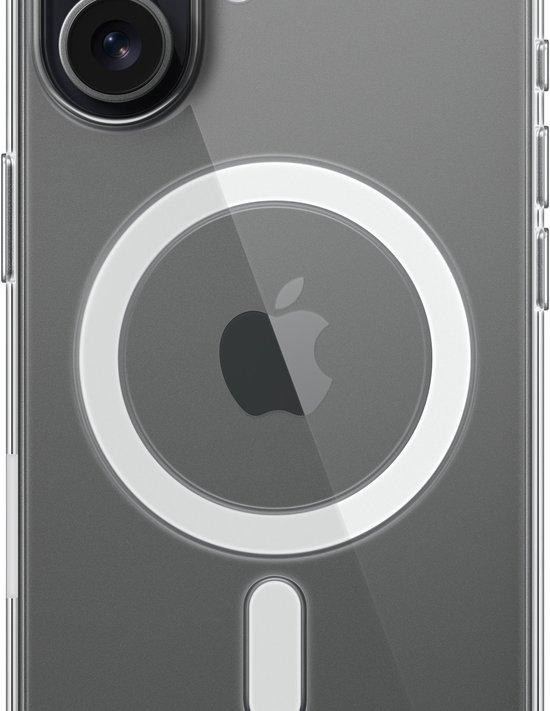 Transparant hoesje voor iPhone met grijze tint en MagSafe-ring.