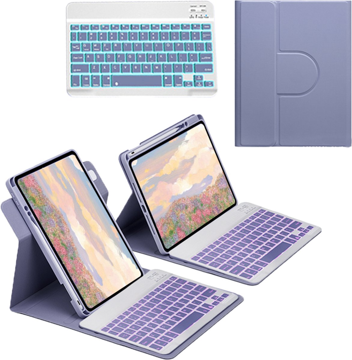 Namajunas - Tablet toetsenbord - Toetsenbordhoesgeschikt voor iPad 9e/8e/7e generatie 10,2 inch, iPad Air 3e generatie / iPad Pro 10,5 inch - 7-kleuren achtergrondverlichting - Multi-Touch Trackpad - Pen Houder - Case - Paars