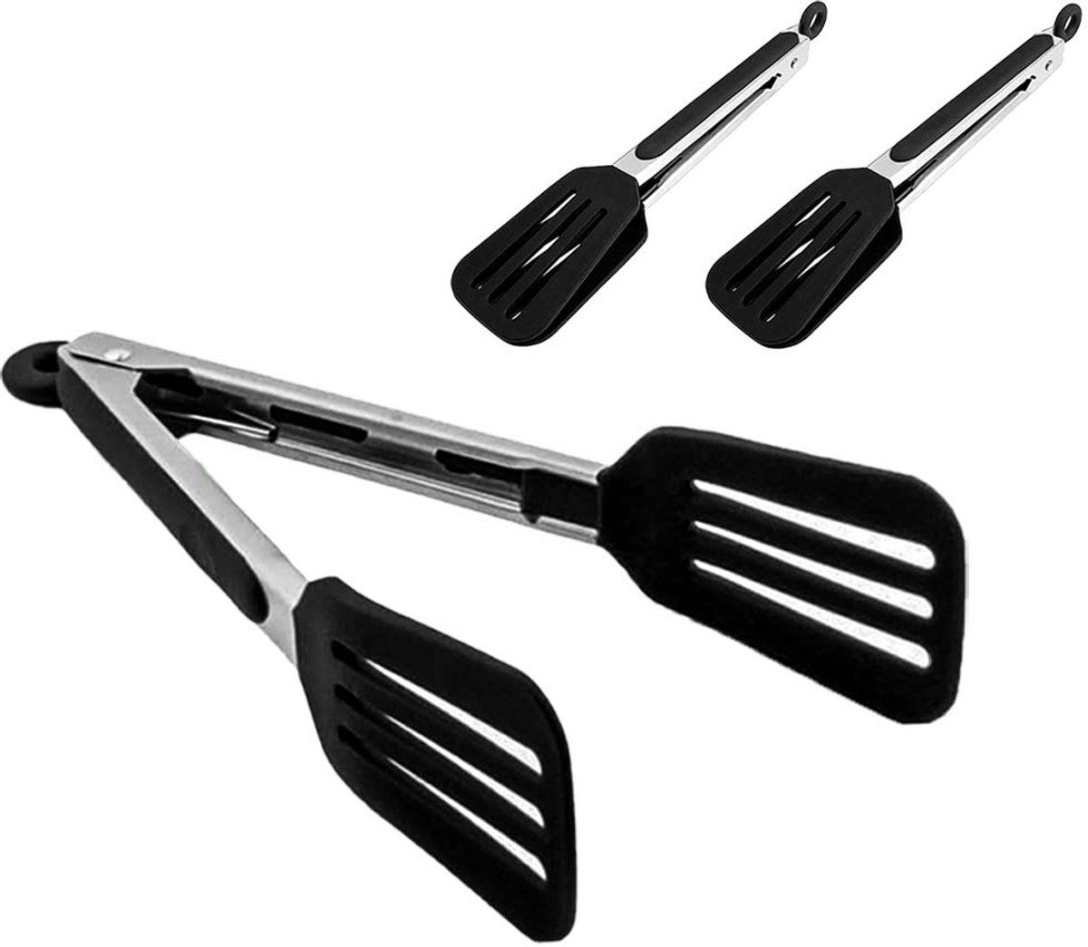 Grilltang - Siliconen keukentang - 9" en 12" - Zwart - 2-delig - Siliconen keukentang met roestvrijstalen handgrepen - Brawdress