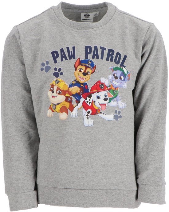Grijs Paw Patrol sweater met de pups Chase, Marshall, Rubble en Skye op de voorkant.