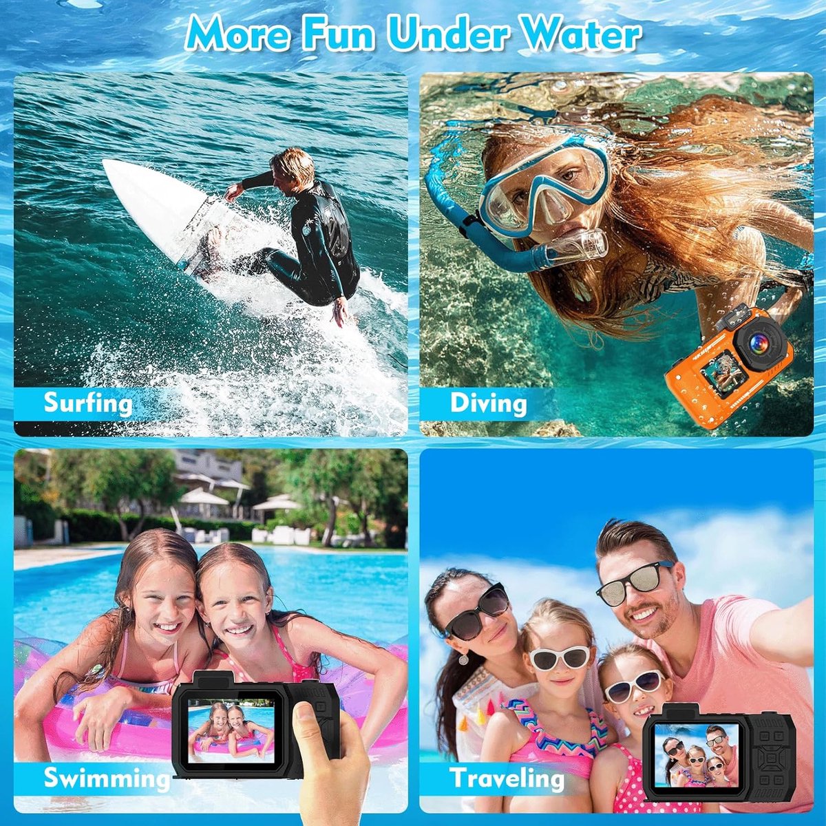 Onderwatercamera 33FT/10M 4K 48MP waterdichte camera met 32GB-kaart Dubbel scherm Robuust Stofdicht Schokbestendig Autofocus Selfie Digitale camera voor Snorkelen Duiken Sport Reizen (oranje) thumbnail 5