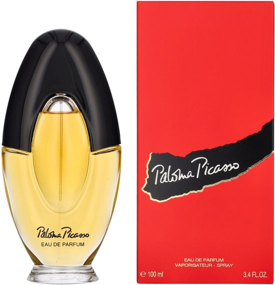 Zwarte ovale parfumfles met gele vulling, naast een rode verpakking met golvend zwart en gouden tekst 'Paloma Picasso'.