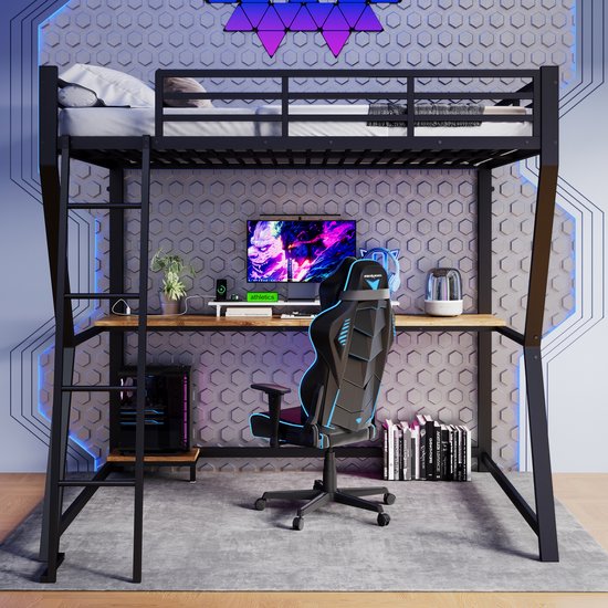Lit mezzanine 140x200cm - avec éclairage LED- support console ordinateur - bureau - connexion USB - sans matelas - noir