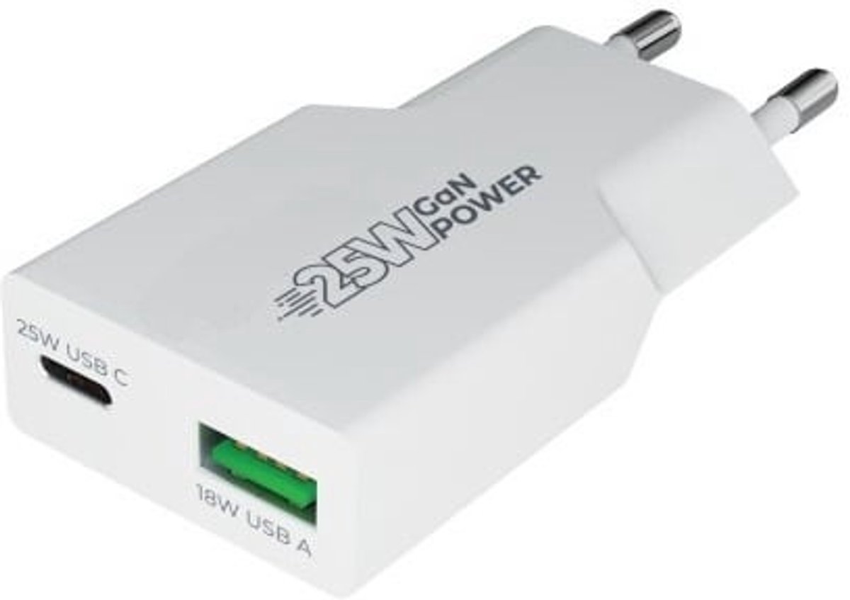 OneOne 25W snellader met 2 poorten. USB C en USB A. Platte GAN Quick Charge lader. PD PPS oplader adapter past op Apple iPhone 12, 12 Mini, 12 Pro, iPhone 12 Pro Max, iPhone 14, Pro, 14 Pro Max