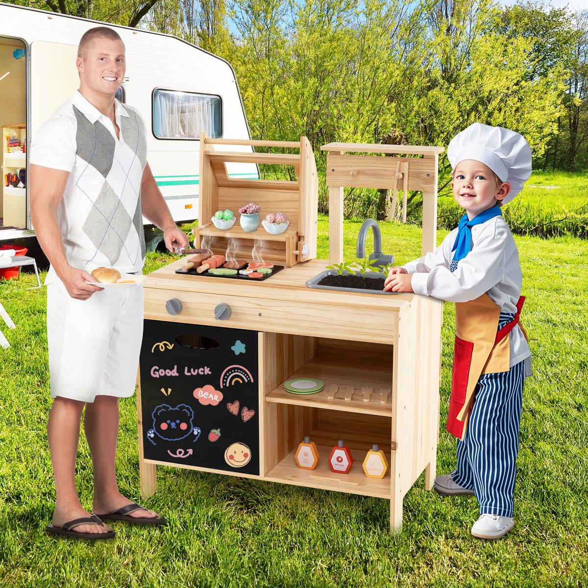 COSTWAY Modderkeuken voor kinderen, outdoor, kinderbarbecue met barbecue-accessoires, BBQ grill speelset met bord en spoelbak, speelkeuken, outdoorkeuken voor jongens en meisjes vanaf 3 jaar — afbeelding 6