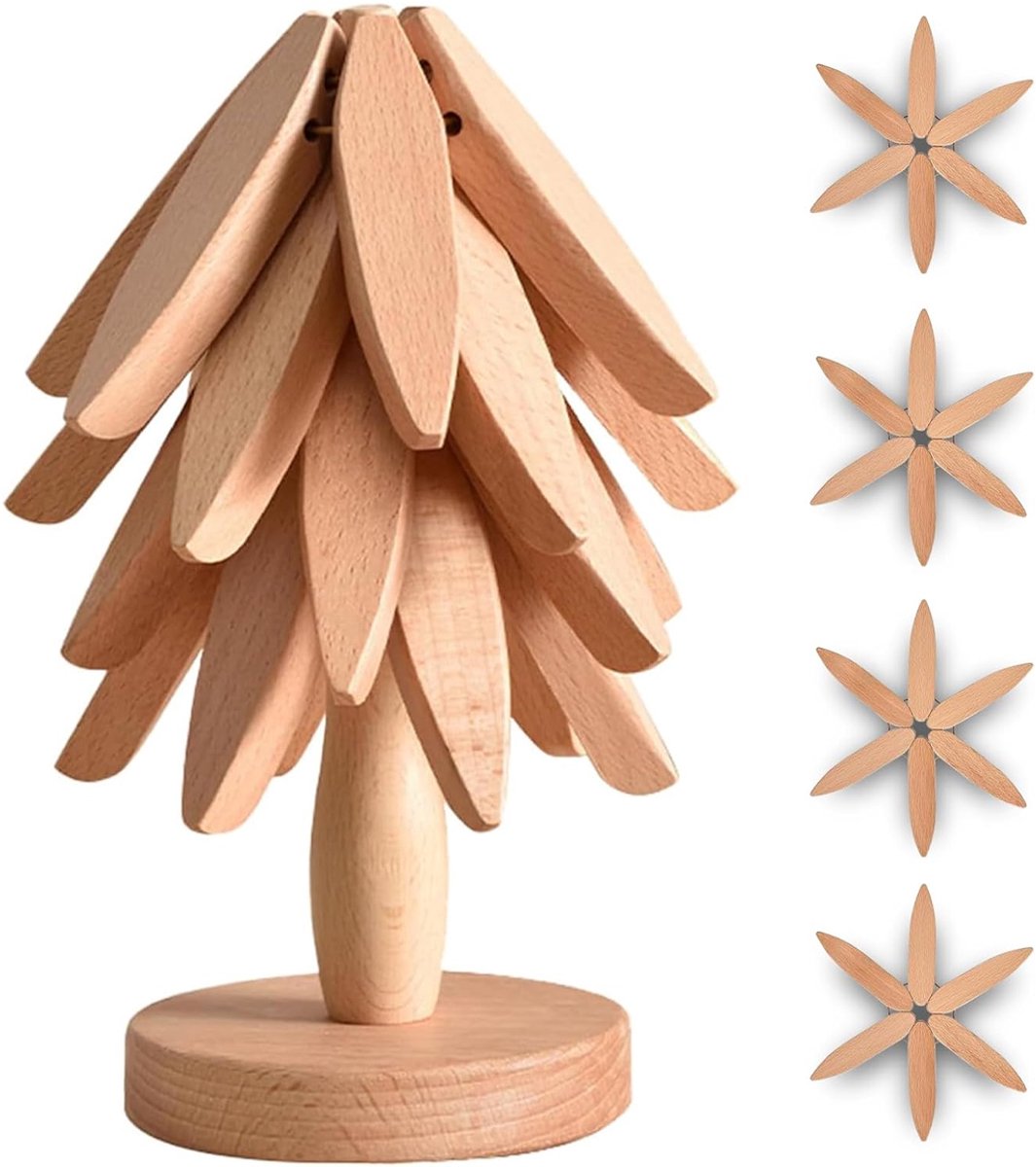 longziming -4-delige Ronde Houten Onderzetters Ø20x1,3 cm met Standaard 10x23 cm – Beukenhout, Stijlvol en Hittebestendig