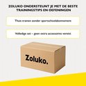 Zoluko logo op een bruine kartonnen doos met de tekst "Zoluko. Thuis trainen zonder sportschoolabonnement."