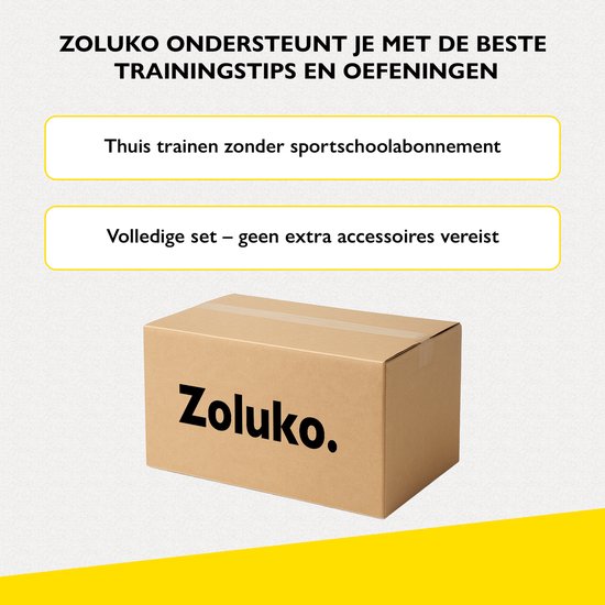 Zoluko logo op een bruine kartonnen doos met de tekst "Zoluko. Thuis trainen zonder sportschoolabonnement."