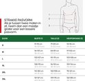Maattabel voor herenkleding met maten S tot 3XL, metingen voor borst, taille en heupomvang in cm en inches.