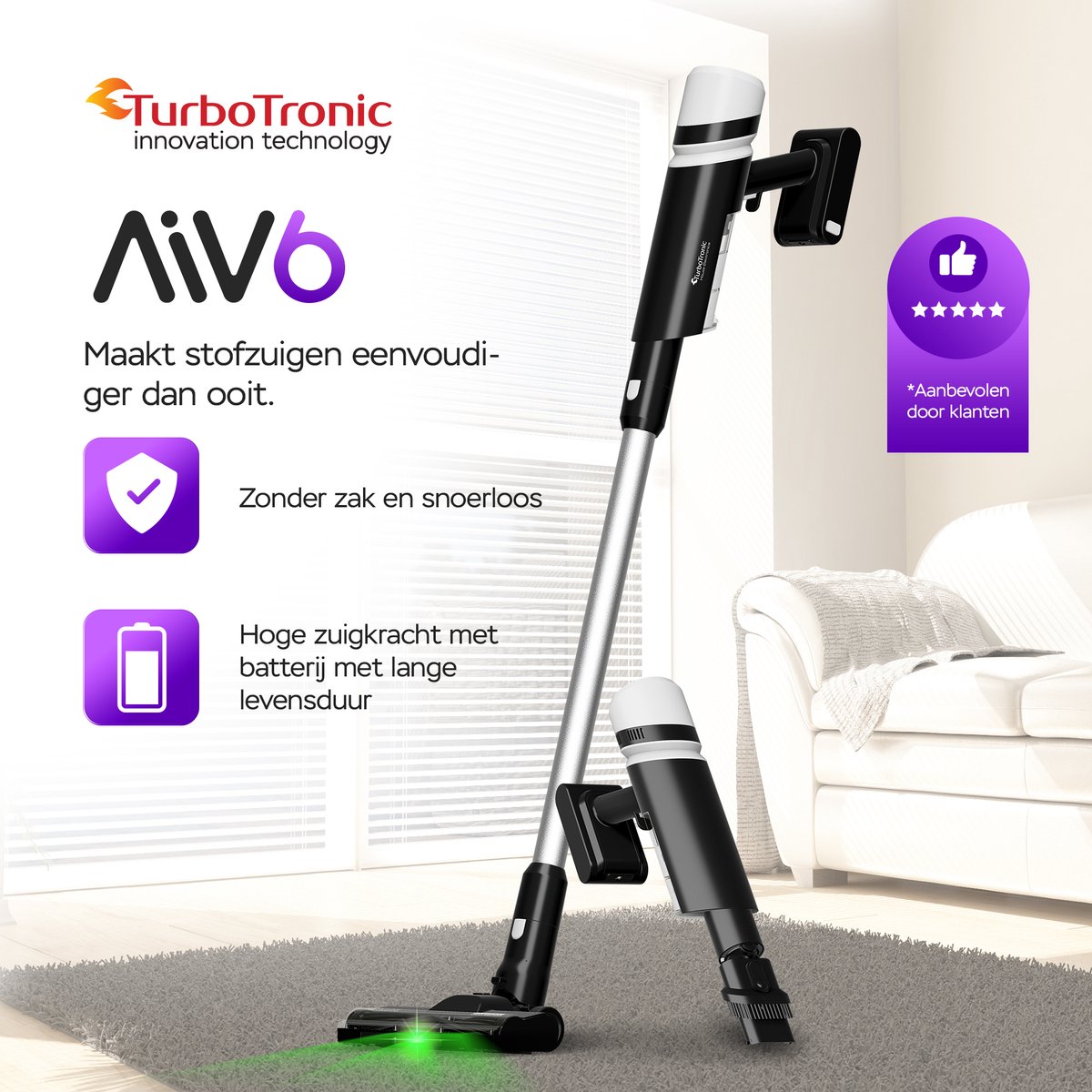 TurboTronic AIV6 Steelstofzuiger met kruimeldief zonder zak - Draadloos - Hoge zuigkracht - HEPA - lichtgewicht - 2 Snelheden - Geschikt voor harde en zachte vloeren - Zwart-Wit – foto 2