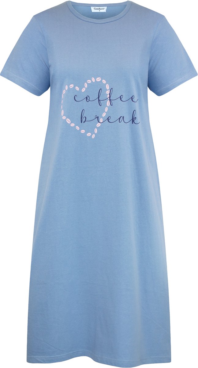 Gaubert Essential Dames Nachthemd Korte Mouw - Premium Gekamd Katoen - Coffee Break - Baby Blauw - Maat L - GB-6807