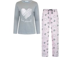 Gaubert Essential Dames Pyjama Lange Mouw - Broek met Zakken - Premium Gekamd Katoen - Love Yourself - Grijs - Maat M - GB-2801