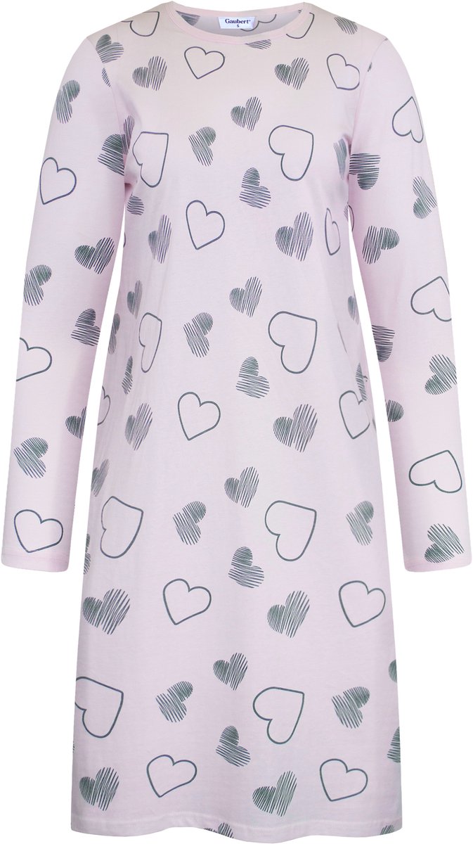 Gaubert Essential Dames Nachthemd Lange Mouw - Premium Gekamd Katoen - All-Over Print Big Hearts - Roze - Maat S - GB-6802