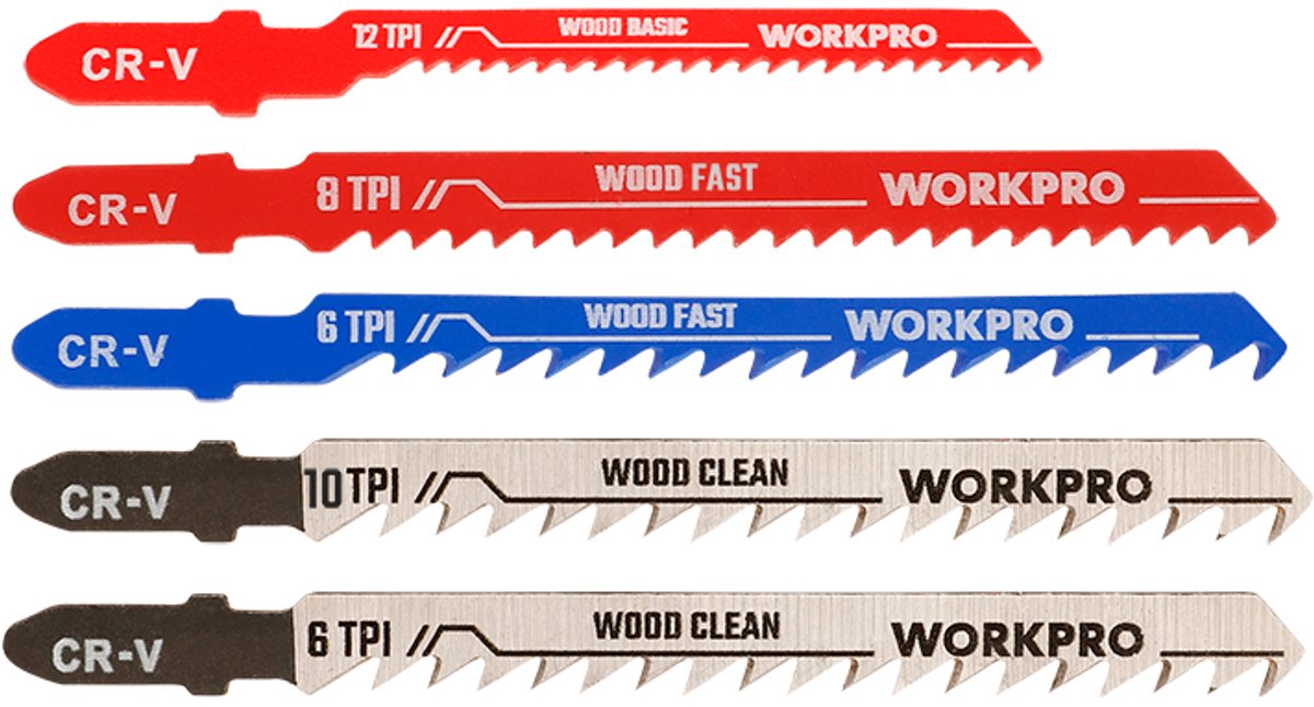 WORKPRO WP404061 – Decoupeerzaagbladenset Mix – 5-delig – HCS – 75 & 100 mm – T-schacht – Voor Snel & Fijn Zagen in Hout