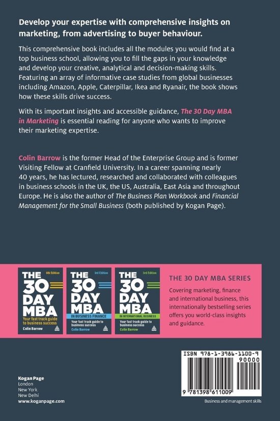 Achterkant van de 30 DAY MBA boekenreeks met 3 versies van 'The 30 Day MBA in Marketing' en de auteur Colin Barrow. ISBN 978-1-398-61100-9.