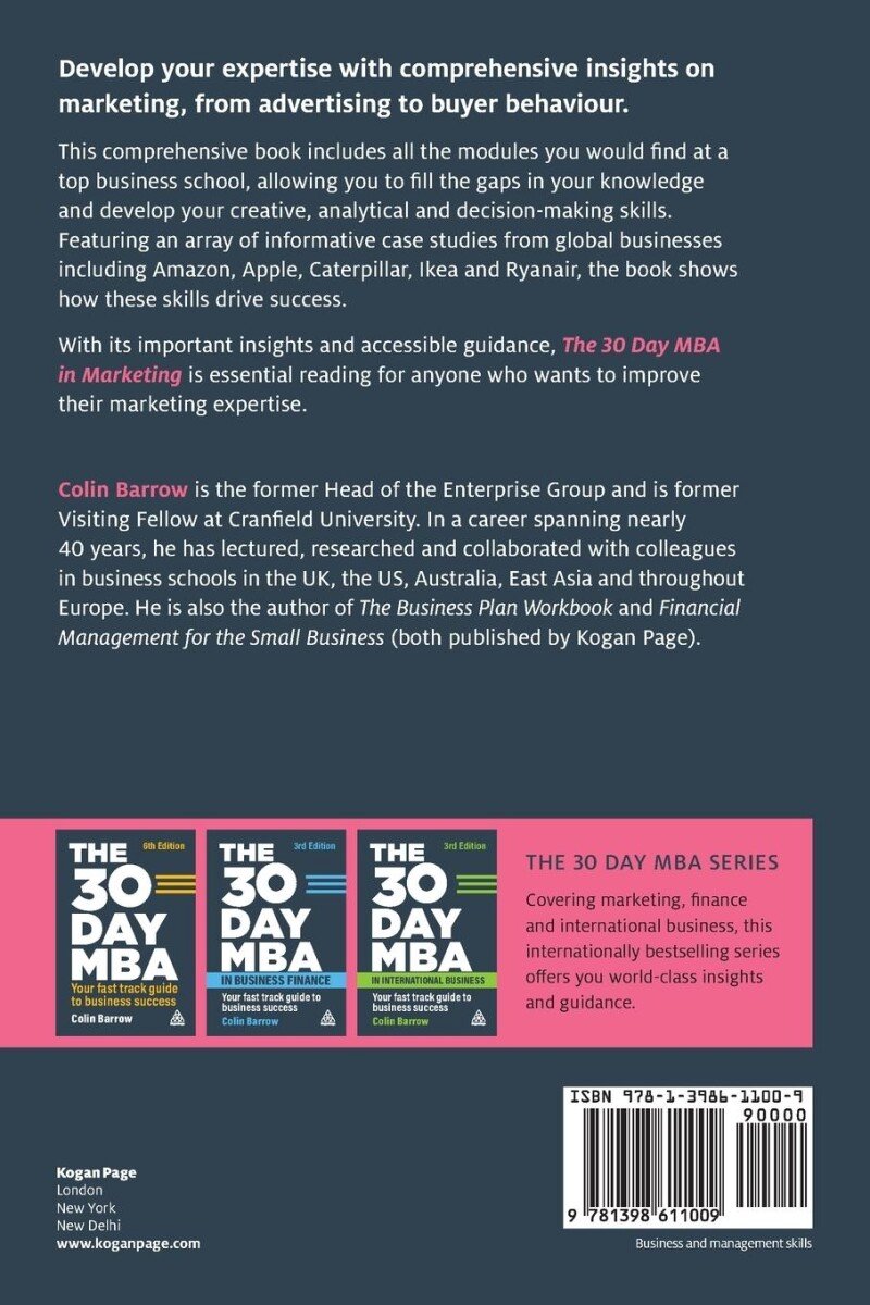 Achterkant van de 30 DAY MBA boekenreeks met 3 versies van 'The 30 Day MBA in Marketing' en de auteur Colin Barrow. ISBN 978-1-398-61100-9.