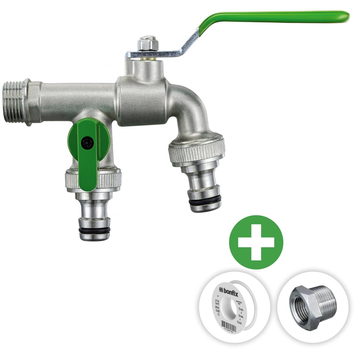 Deltaline - Buitenkraan - Dubbele kraan ½ inch - 2x ¾ inch gardena uitgang - Vorstbestendige Kogelkraan Groen - Vorstbestendig - Incl. PTFE tape & Extra RVS verloopring ½ x ¾ inch
