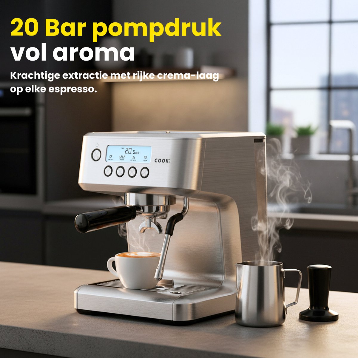 Espressomachine Pro 20 Bar - Piston Koffiemachine Melkopschuimer RVS - Instelbare Extractietemperatuur - Pistonmachine Espresso, Cappuccino & Latte - 2,2 Liter Waterreservoir - COOK-IT — afbeelding 5