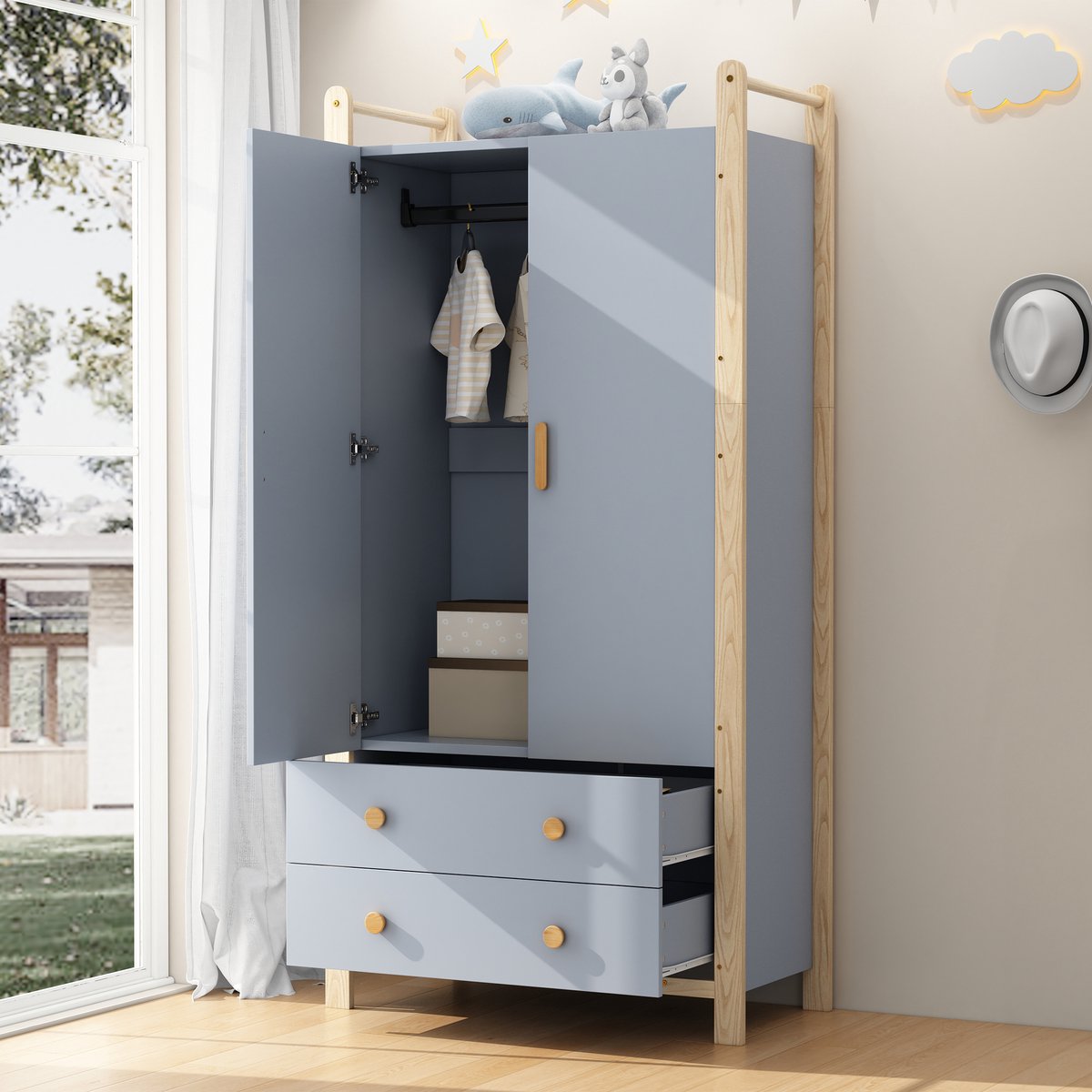 2-deurs kleerkast, Kleerkast met kleerhangstang, 2 lades, geschikt voor slaapkamer, woonkamer, hal, gemaakt van spaanplaat, blauwe kast + vuren frame, 90×45×180cm
