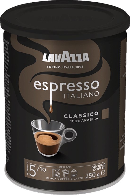 Lavazza Espresso Italiano Classico blik met 250g gemalen koffie. Bruin met tekst. Ideaal voor 5/10 intensiteit koffie.
