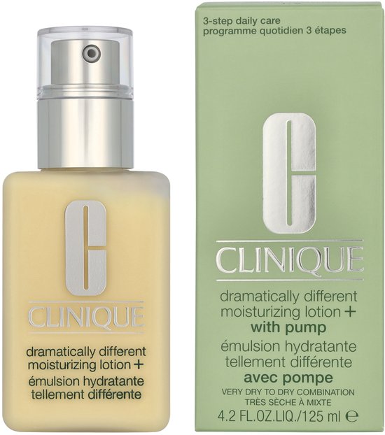 Fles en doosje van Clinique Dramatically Different Moisturizing Lotion+ met pomp, voor zeer droge tot gecombineerde huid.