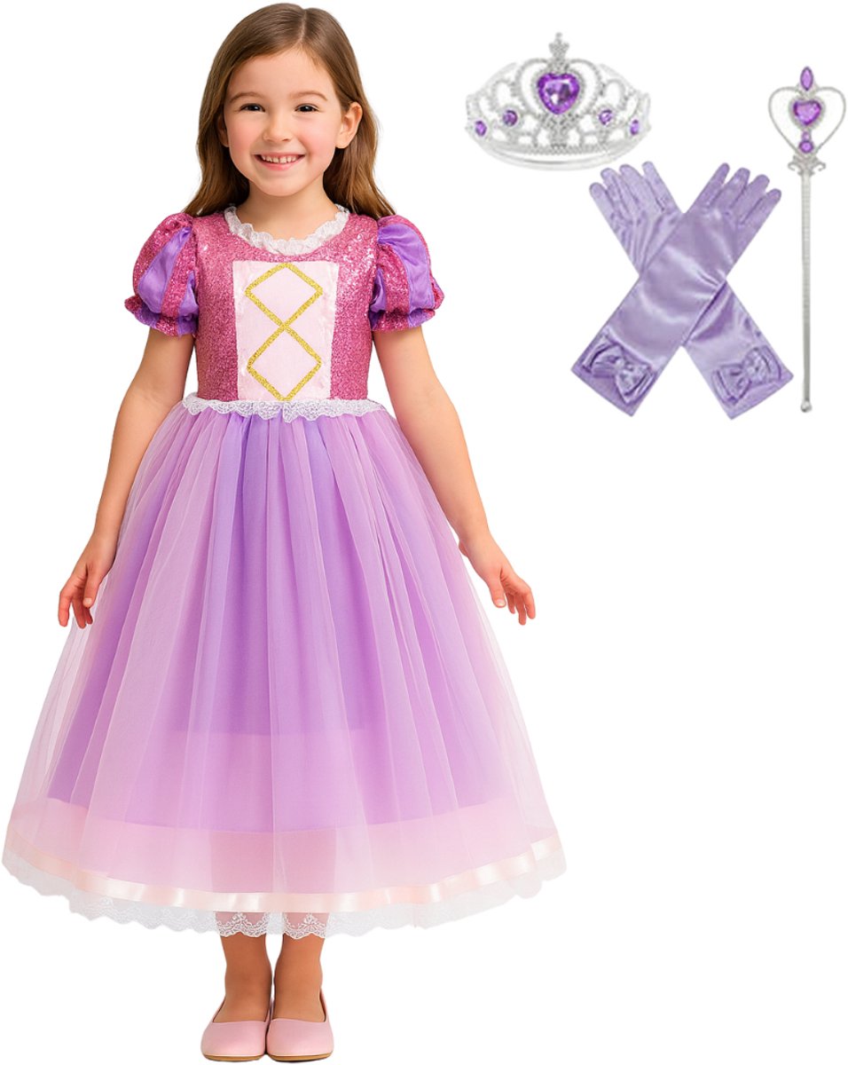 Joya Kids® Paarse Prinsessenjurk | Verkleedjurken | Prinses Lange Vlecht jurk Roze Paars | Kroon Toverstaf | (110)