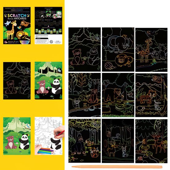 Ainy - Scratch Art Dieren | 9 krastekening incl. scratch pen | Kras tekeningen | Schilderen op kleuren kunst kraskaart | hobby & creatief voor volwassenen en kinderen | Knutselen - ontspanningspakket
