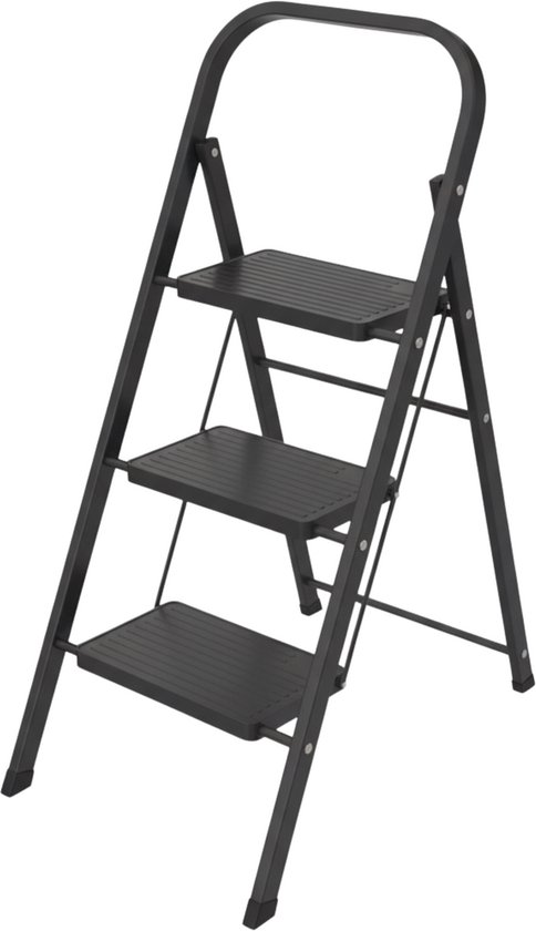 BRASQ Huishoudtrap 3-treden Zwart - keukentrap inklapbaar metaal voor Particulier en professioneel gebruik - Trap Ladder - Anti slip