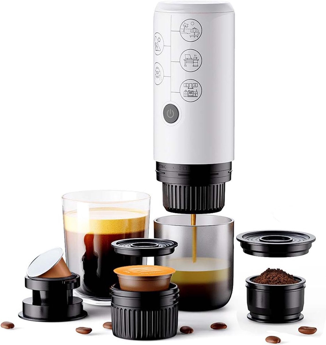 12V draagbare drie-in-één elektrische espressomachine - One-Touch Brewing (zonder verwarmingsfunctie), geschikt voor NS- en DG-capsules en gemalen koffie, geschikt voor gebruik op kantoor en thuis