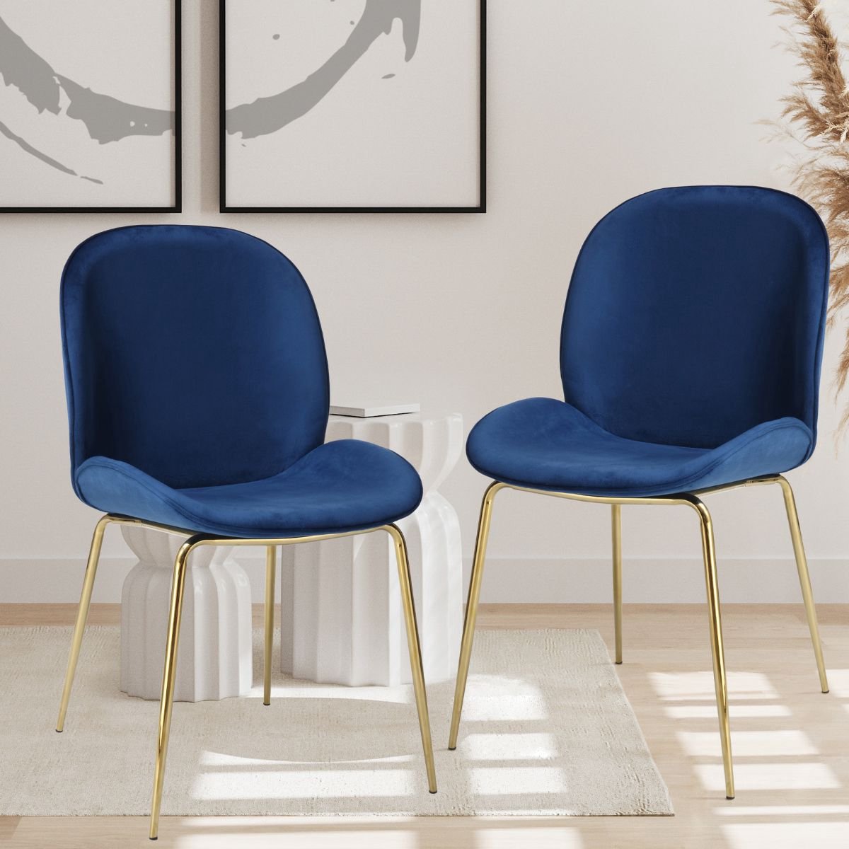 Floraya - Set 2 eetkamerstoelen Charlize - Blauw/Goud - Velours - 51x63x80cm (LxBxH) - Draagkracht 100KG