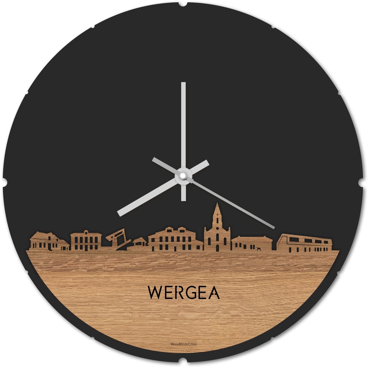 Skyline Klok Rond Wergea Eikenhout - Ø 44 cm - Stil uurwerk - Wanddecoratie - Meer steden beschikbaar - Woonkamer idee - Woondecoratie - City Art - Steden kunst - Cadeau voor hem - Cadeau voor haar - Jubileum - Trouwerij - Housewarming -