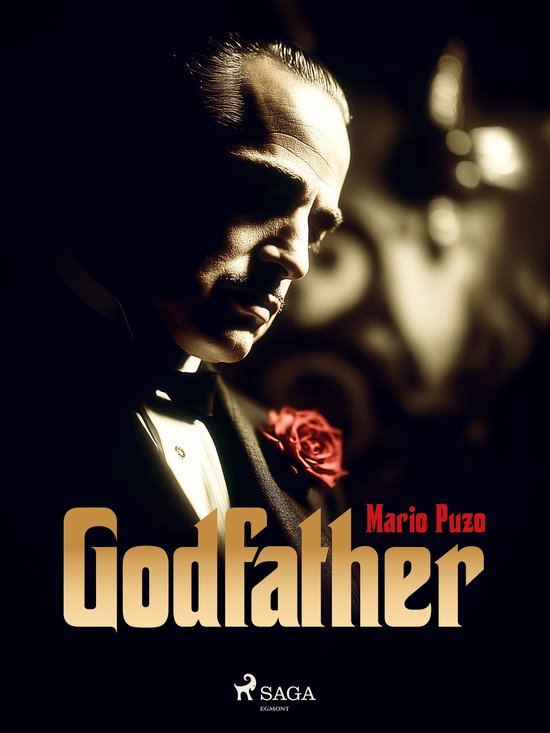 Couverture du livre 'Godfather' avec le nom de Mario Puzo, un homme en costume avec une rose rouge et le texte Godfather.