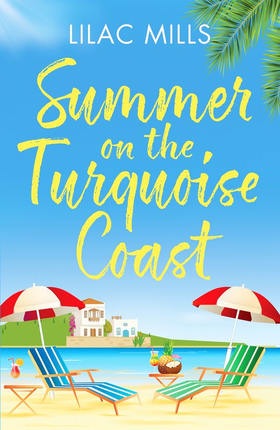Zomerse boekcover met de titel "Summer on the Turquoise Coast" in gele letters, op een strand met ligstoelen, parasols en de zee.