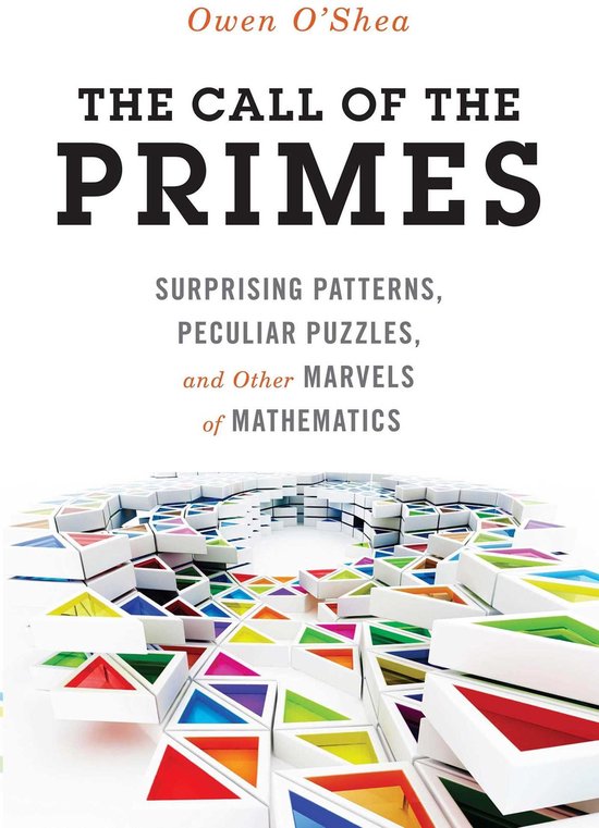 Boek met de titel 'The Call of the Primes' met abstracte wiskundige tegels in regenboogkleuren op de voorgrond.