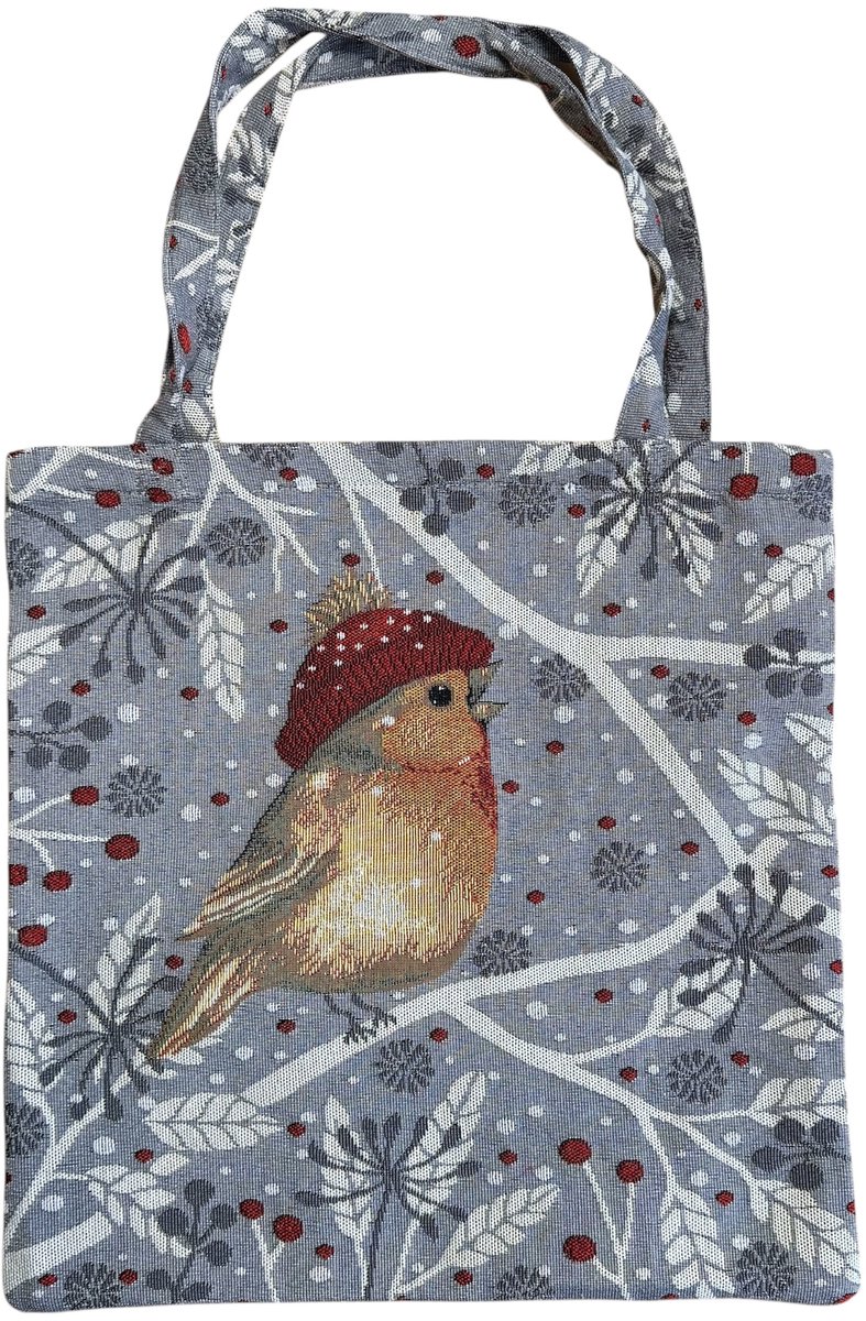 Boodschappentas -Kerst - Vogel met muts - Roodborstje - 45 x 45 cm