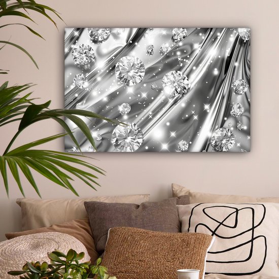 Peinture sur toile 90x60 cm - Décoration murale Abstrait - Diamant - Luxe - Moderne - Argent - Décoration murale salon - Décoration chambre moderne - Tableaux abstraits