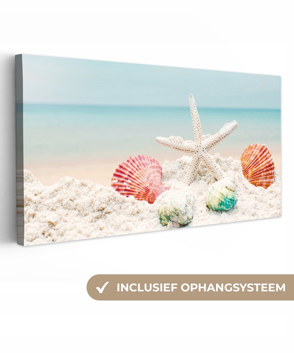 Canvas schilderij 40x20 cm - Wanddecoratie badkamer Strand - Zeester - Schelpen - Zee - Mu