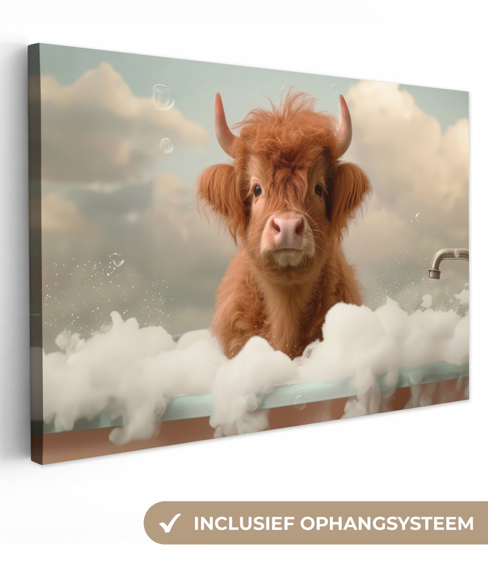 Canvas schilderij 140x90 cm - Wanddecoratie badkamer Schotse hooglander - Bad - Schuim - K
